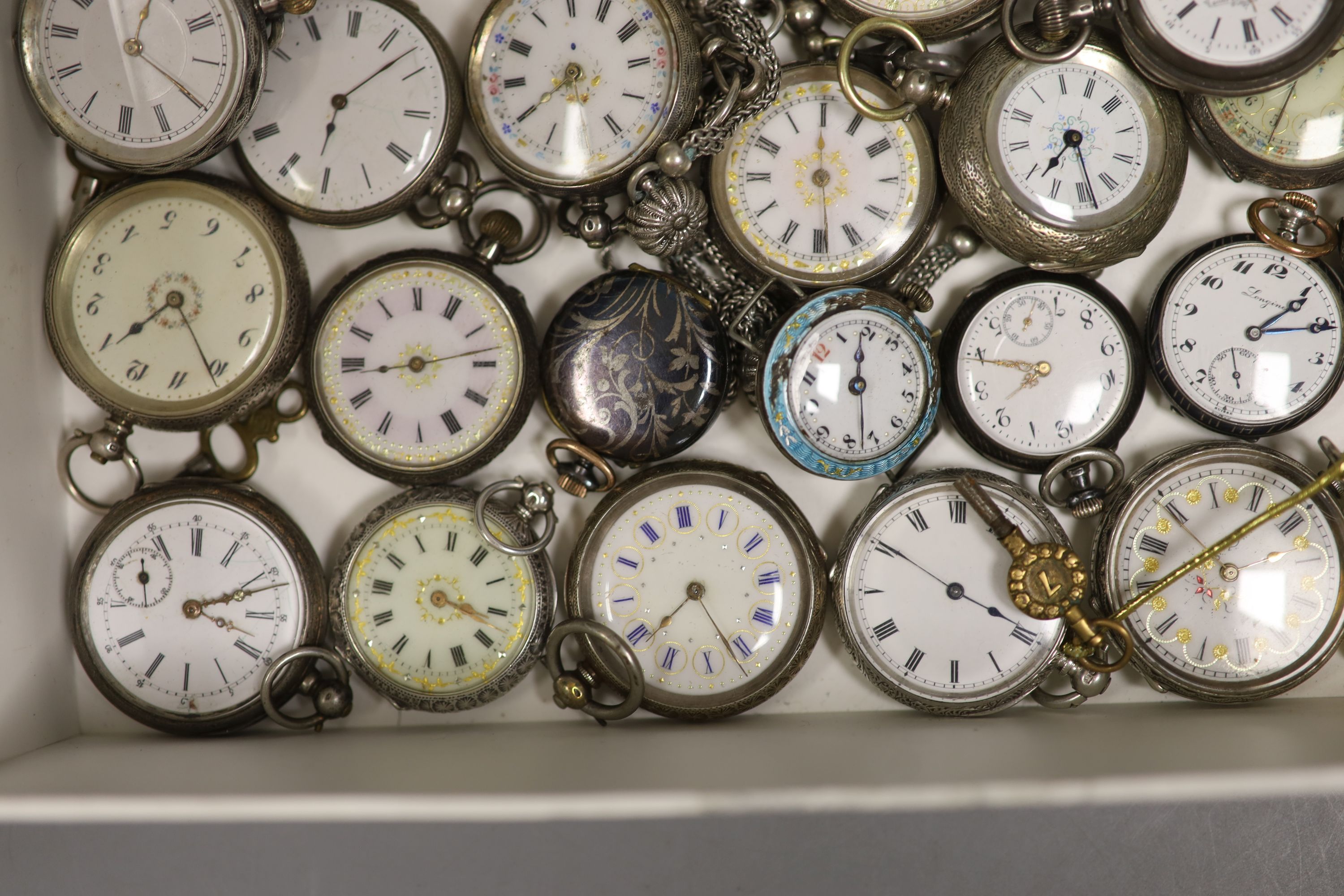 A collection of lady's assorted mainly continental white metal fob and pocket watches, including enamel and three wrist watches.